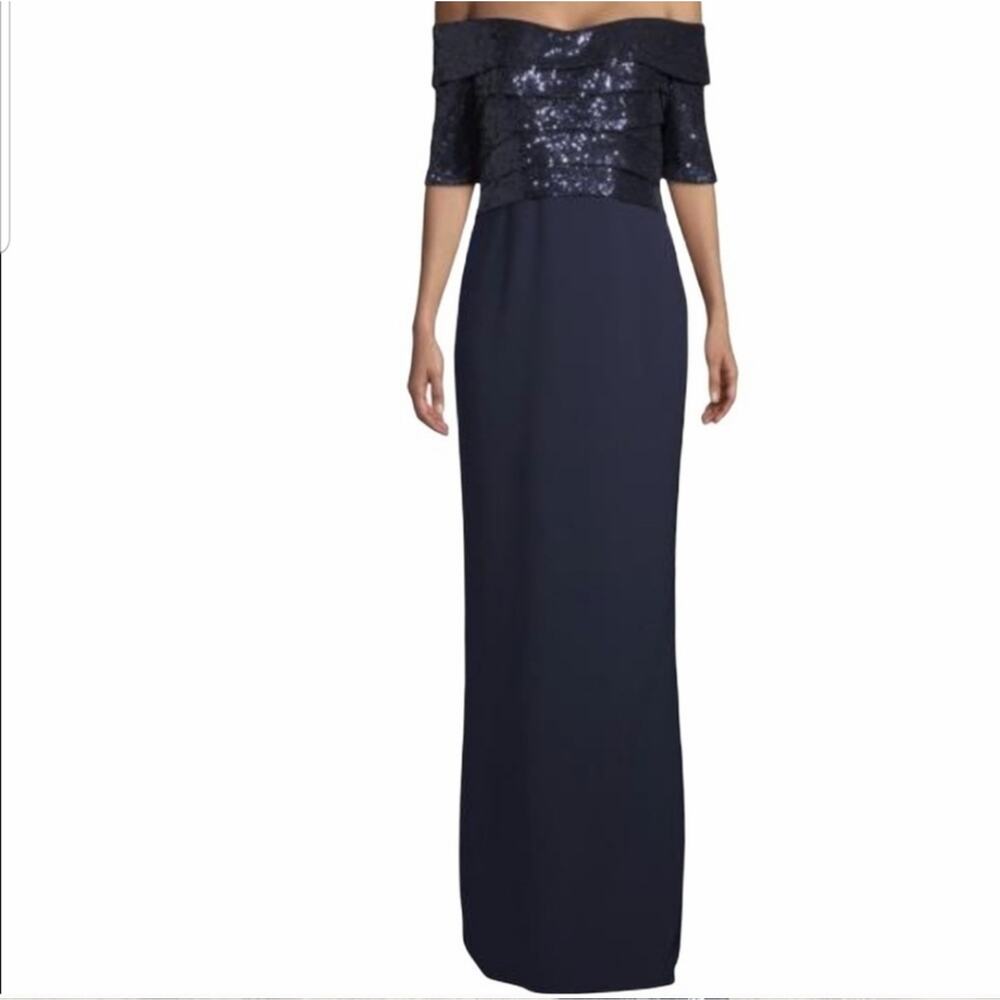 Rene Ruiz Collection Evening Dress 4 Sequins Off The Shoulder Column‎ Navy Blue